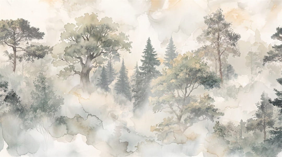 Soft Beige Watercolor Nordic Misty Forest Wallpaper Mural scene image