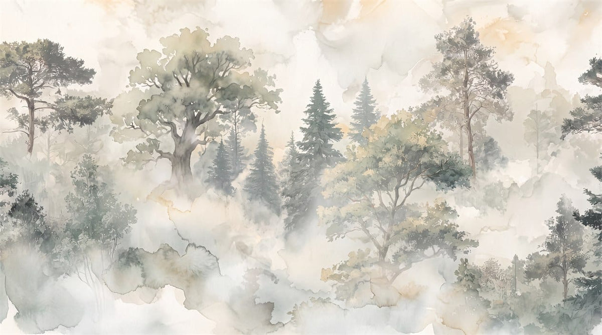 Soft Beige Watercolor Nordic Misty Forest Wallpaper Mural scene image
