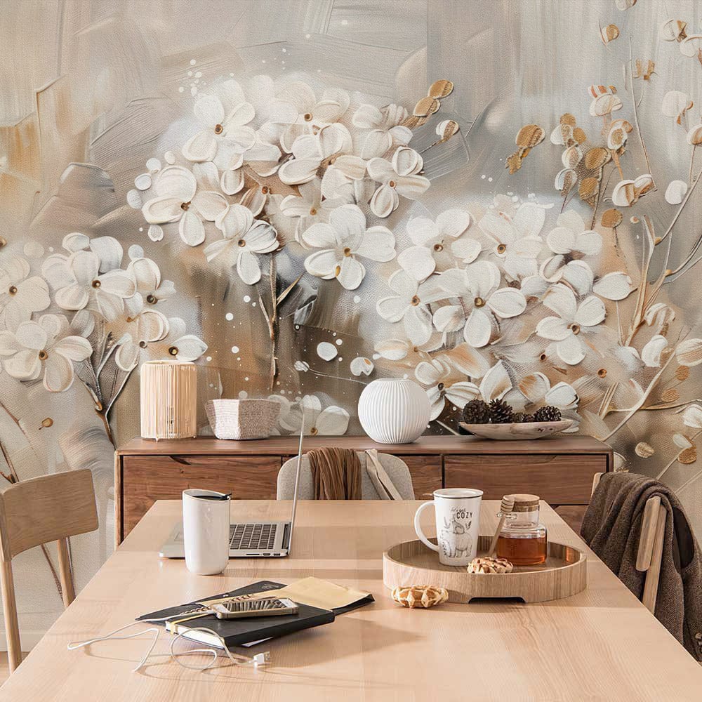 Elegant floral mural wallpaper with cream and taupe hues, wooden dining table, chairs, modern decor.