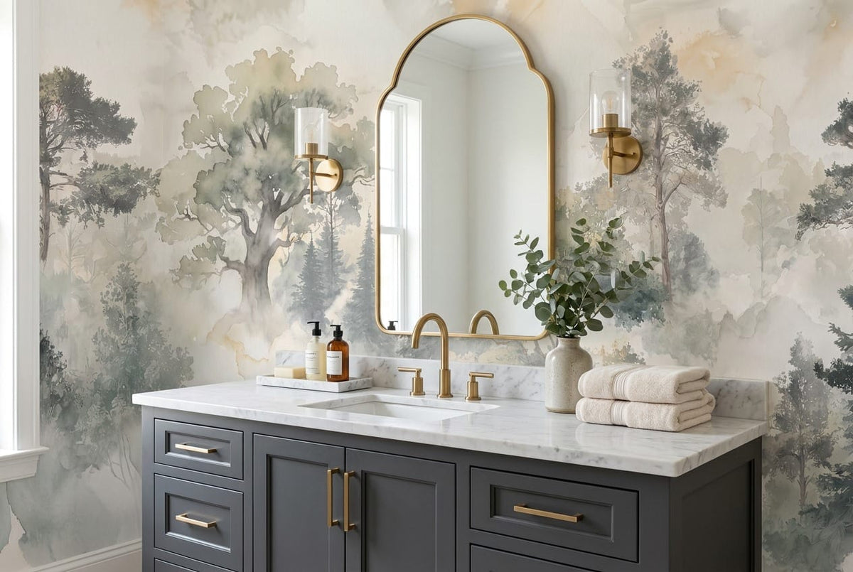 Soft Beige Watercolor Nordic Misty Forest Wallpaper Mural scene image