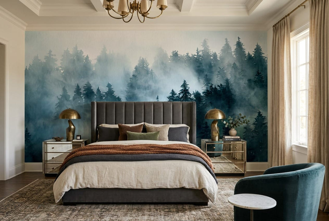Misty blue forest wallpaper mural in a bedroom