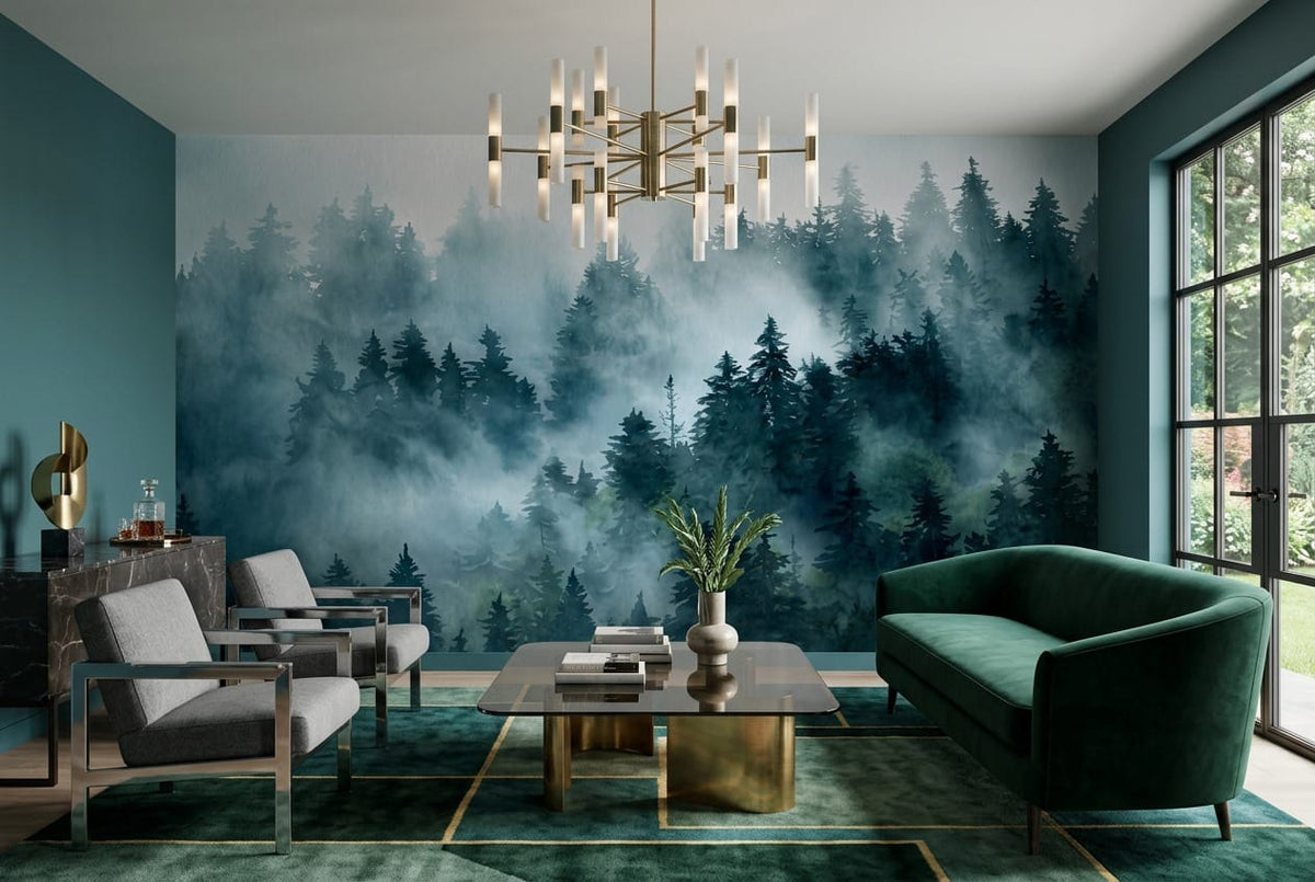 Misty blue forest wallpaper mural in a living room