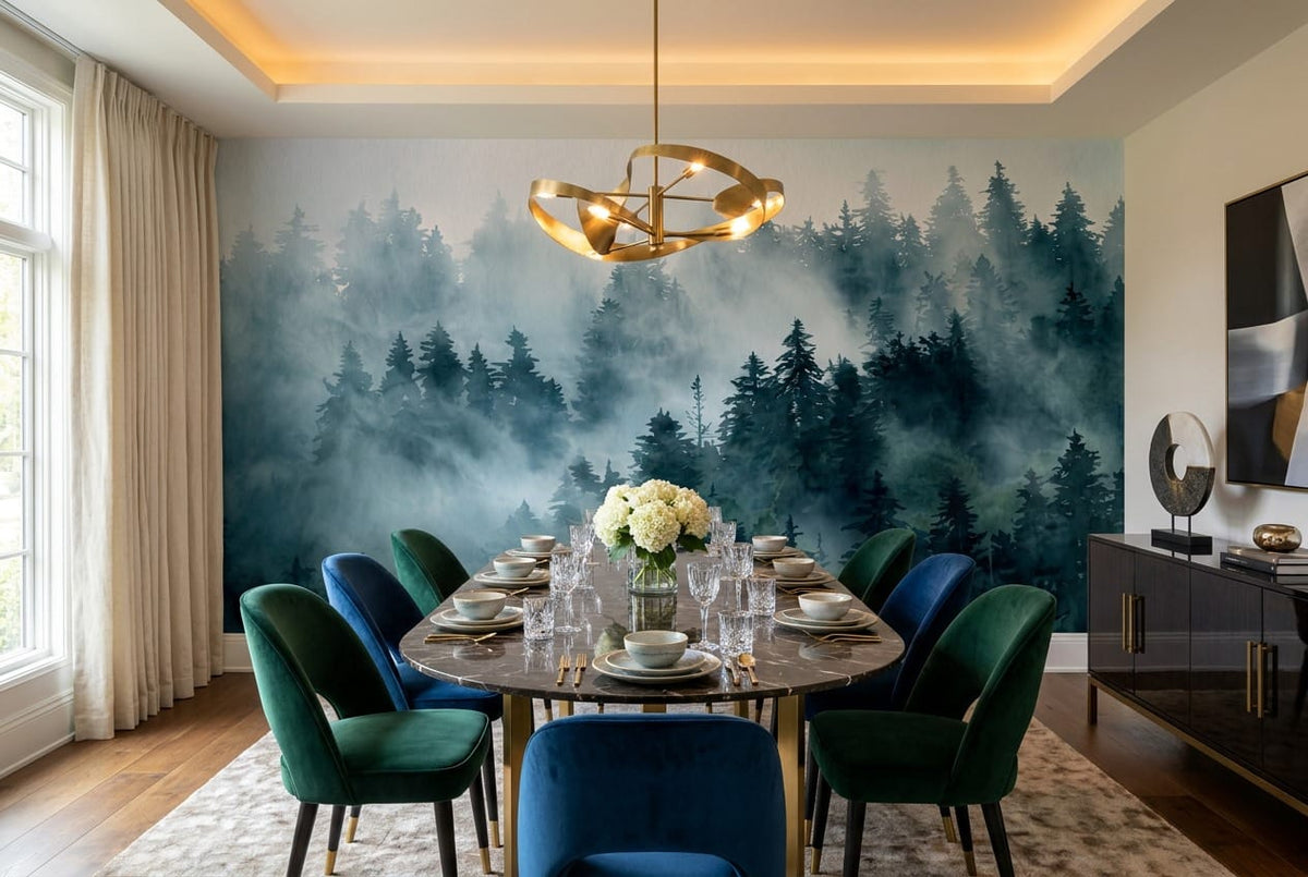 Misty blue forest wallpaper mural in a dining room