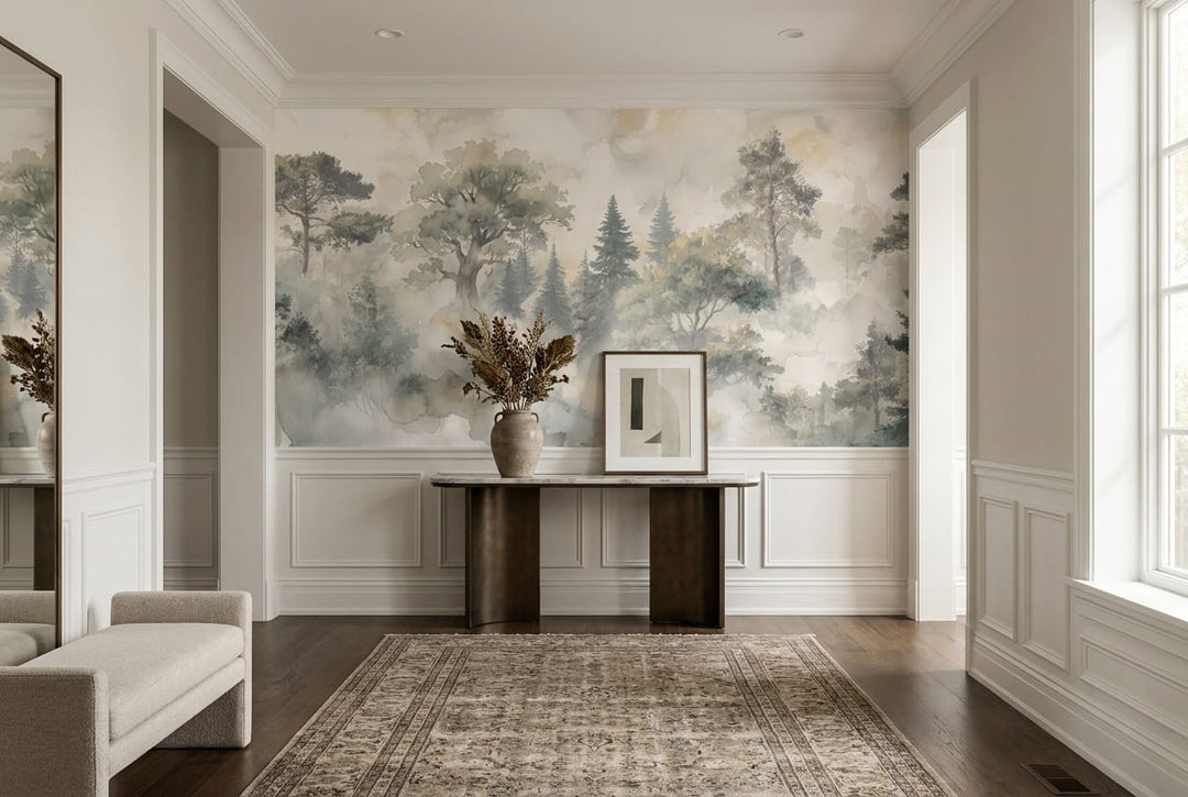 Soft Beige Watercolor Nordic Misty Forest Wallpaper Mural scene image