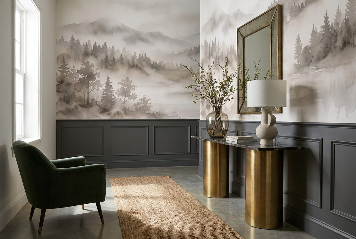 Sepia Watercolor Nordic Misty Forest Wallpaper Mural scene image
