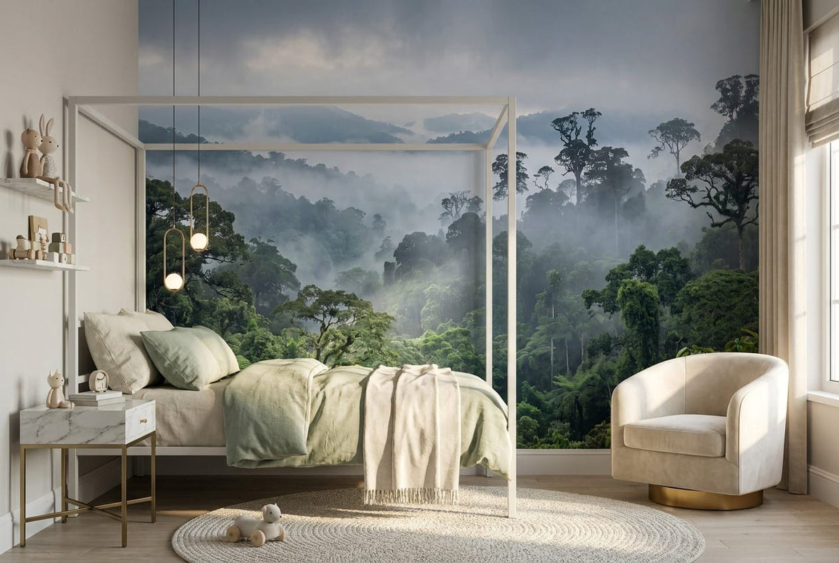 Deep Green Photographic Tropical Misty Forest Wallpaper Mural scene image