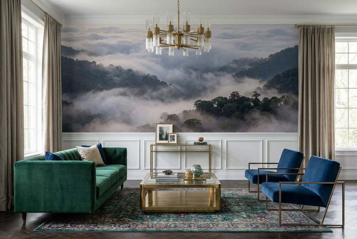 Cool Gray Photographic Mountain Misty Forest Wallpaper Mural scene image