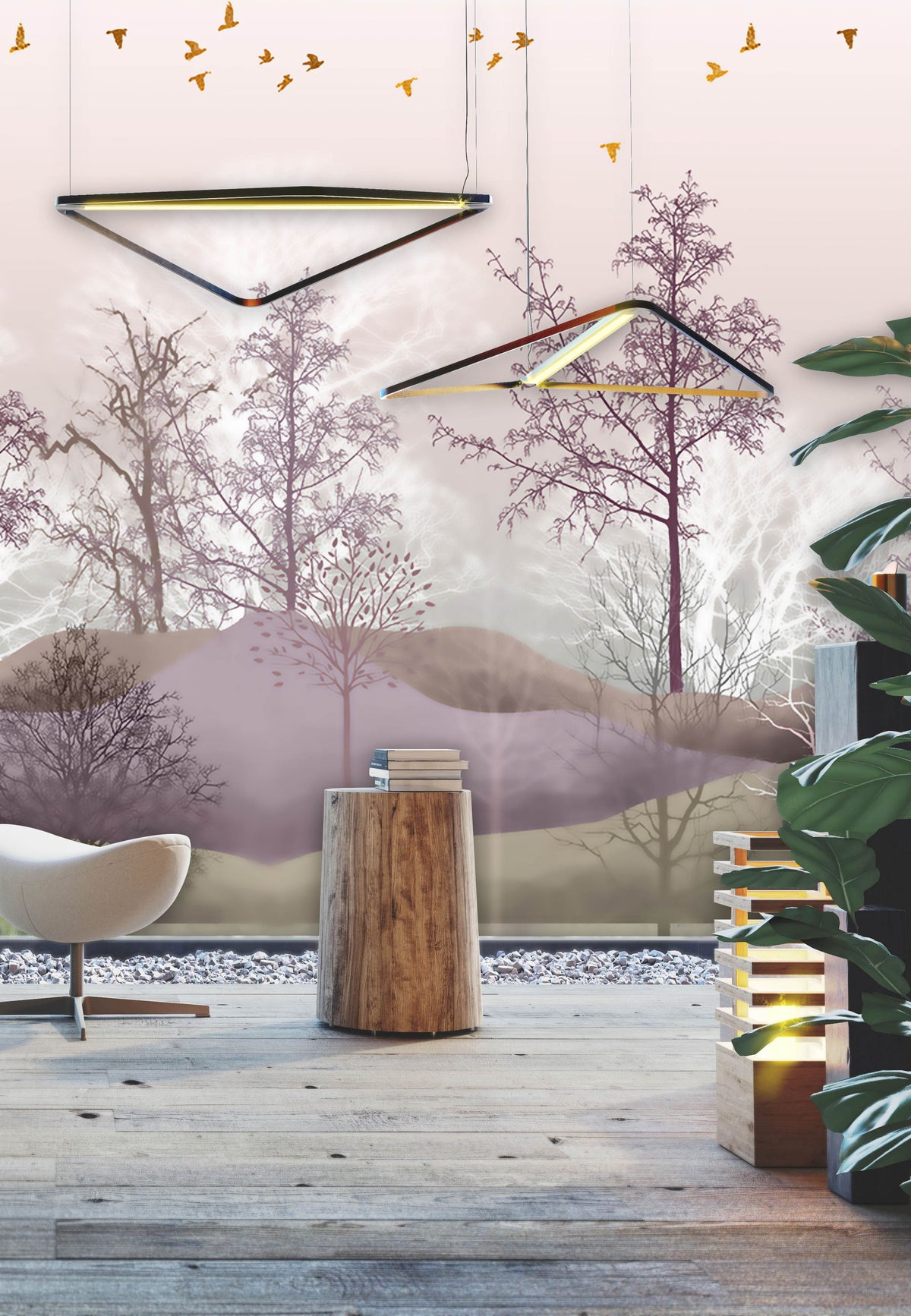 Tranquil Woodland Dreams Mural Wallpaper in serene room with modern chair, wooden flooring, pendant lights.