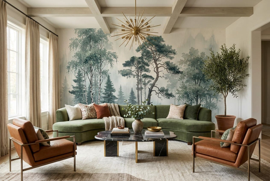 Sage Green Watercolor Nordic Misty Forest Wallpaper Mural scene image