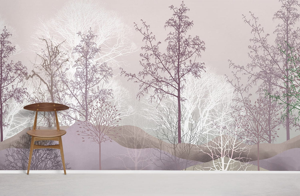 Tranquil Woodland Dreams Mural Wallpaper in room with wooden chair, light grey floor, serene design.