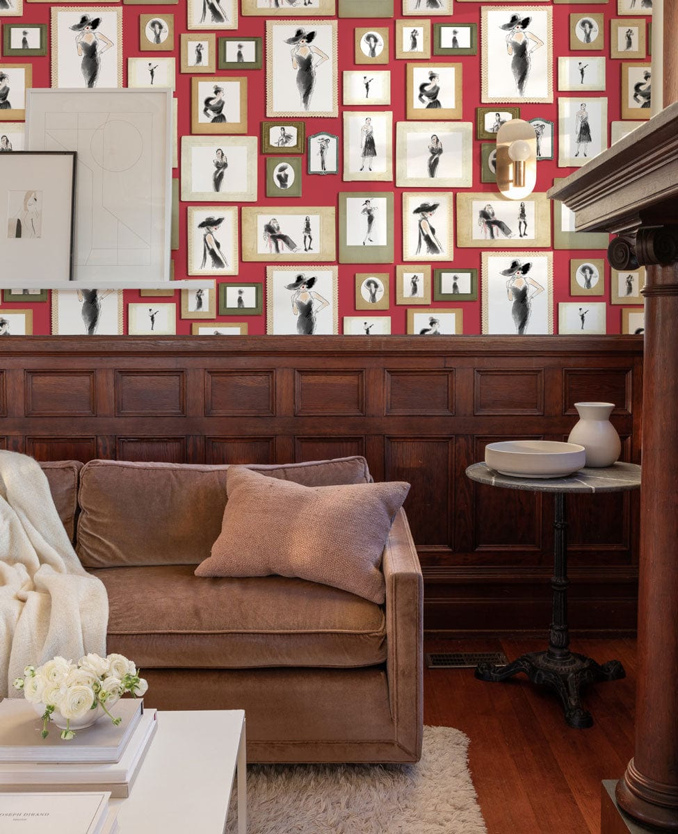 Vintage red-toned artwork wallpaper with beige sofa, wooden panelling, stylish interiors, elegant wall decor.