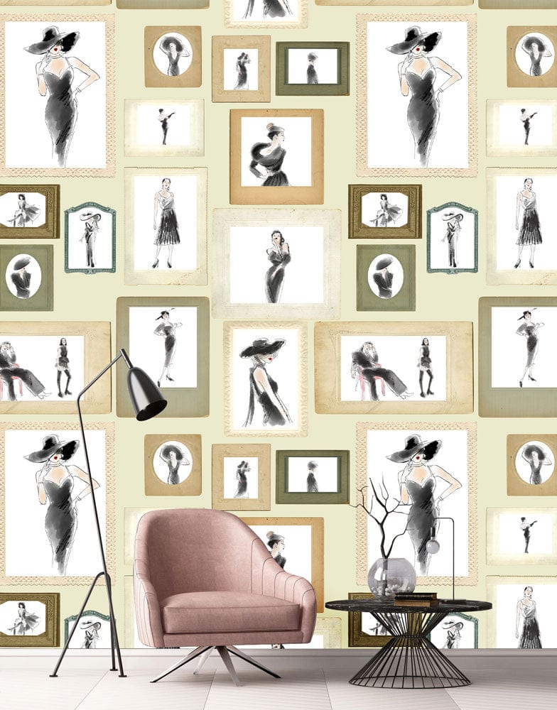 Elegant Vintage Fashion Sketches mural wallpaper with pink velvet chair, modern floor lamp, and table.