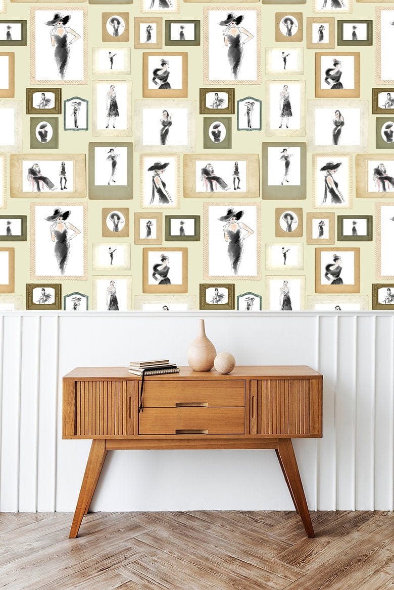 Elegant vintage fashion sketch mural wallpaper, wooden sideboard, chevron parquet flooring, stylish room decor.