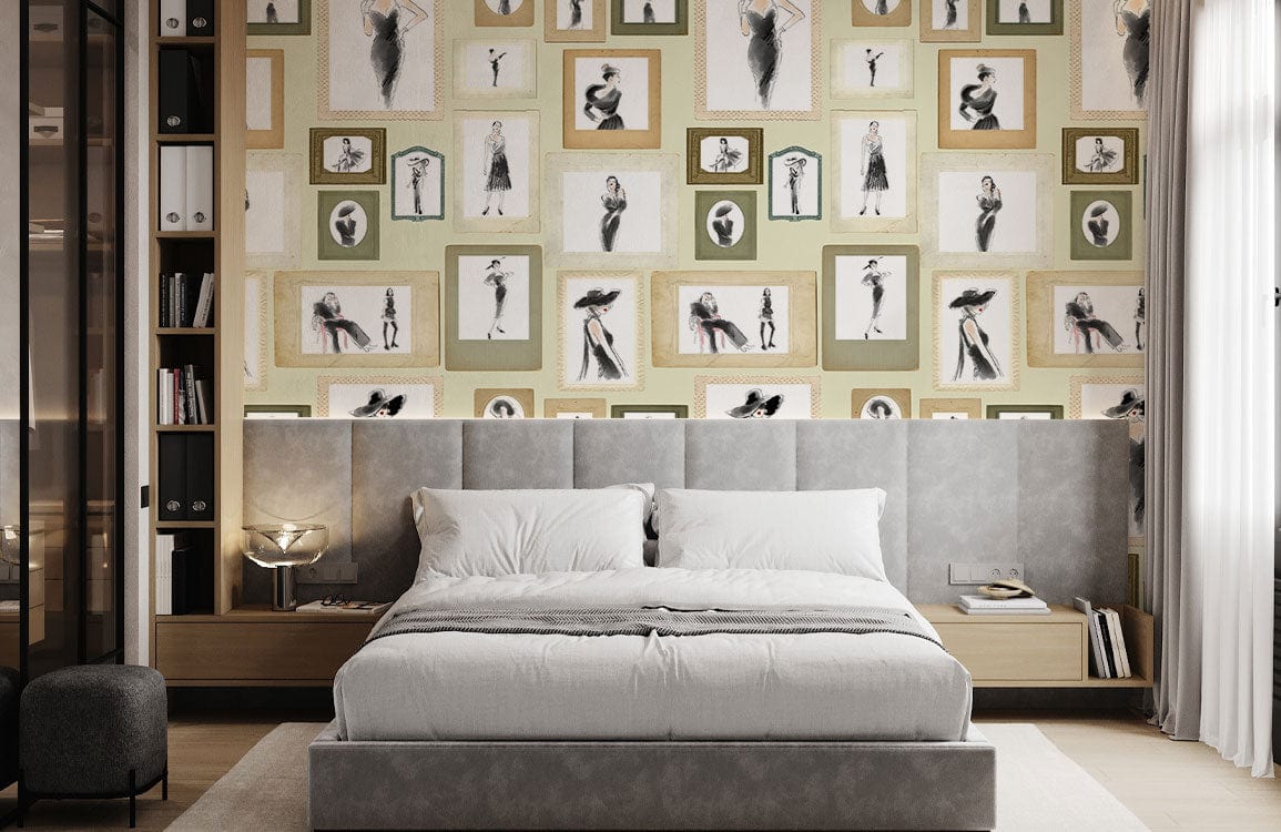 Elegant vintage fashion mural wallpaper in bedroom with grey upholstered bed and modern wooden furniture.