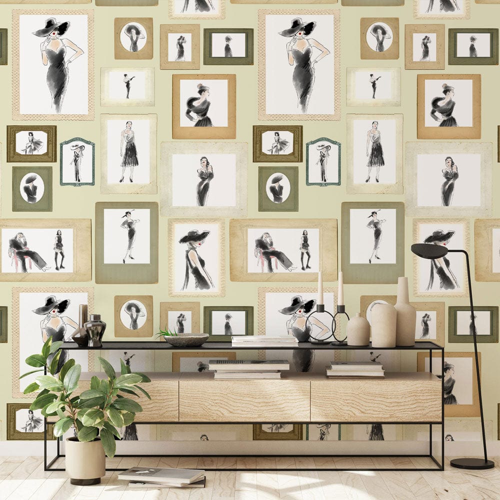 Elegant Vintage Fashion Sketches Green and Beige Mural Wallpaper Decor