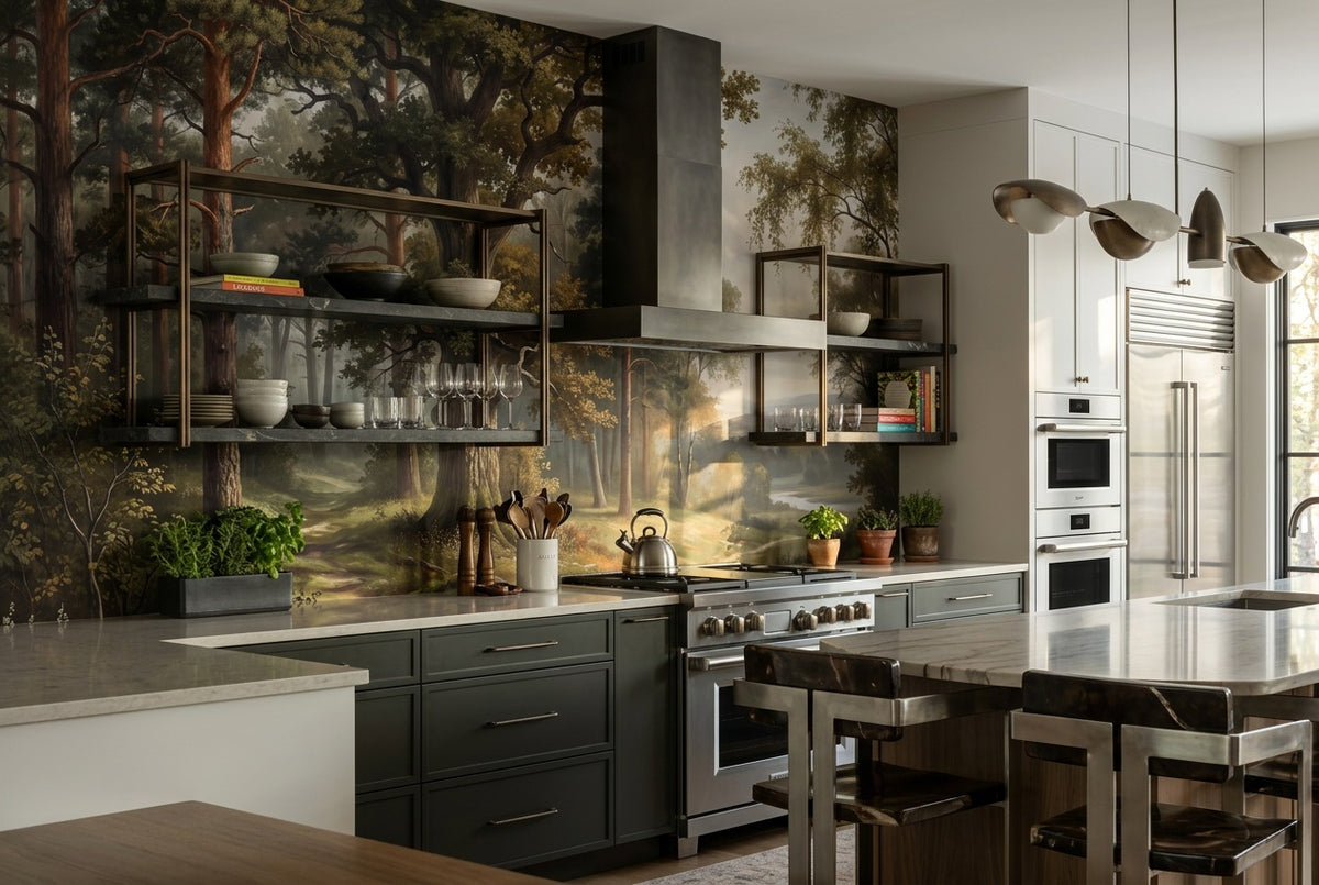 moss sunlit forest kitchen custom stick on non woven vinyl removable wallpaper mural