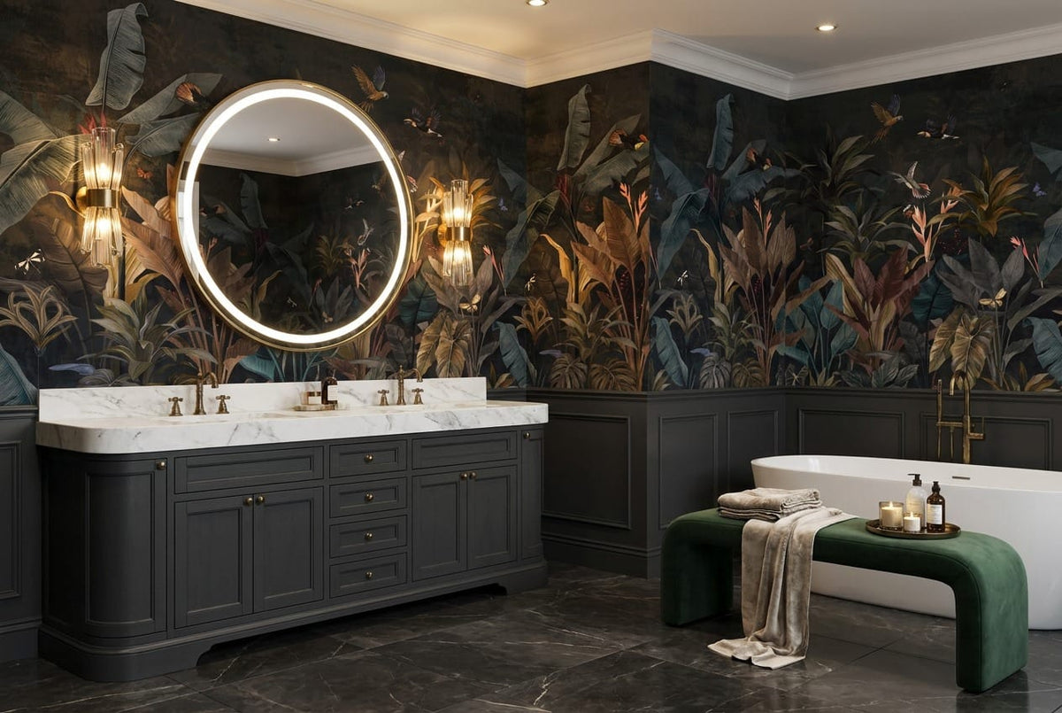 Navy Tropical Bird Dark Jungle Wallpaper Mural in navy