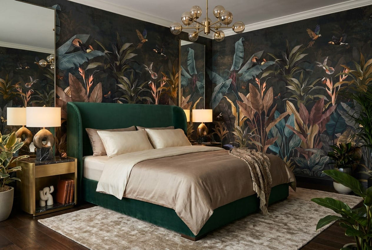 Navy Tropical Bird Dark Jungle Wallpaper Mural in navy