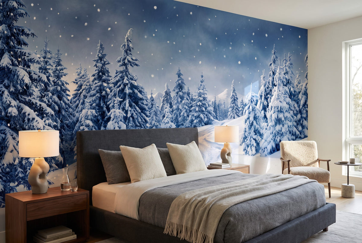 Frost Navy Serene Nordic Winter Forest Wallpaper Mural in navy