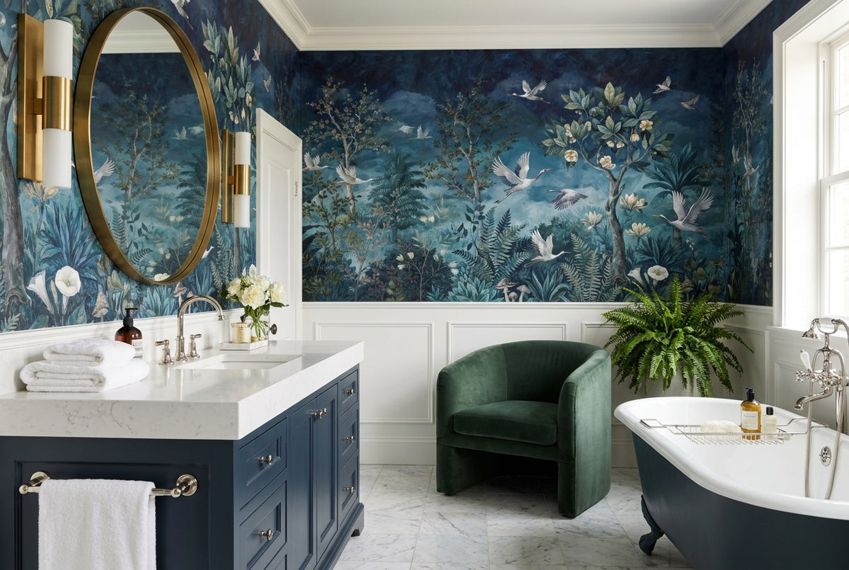 navy birds bathroom custom peel and stick non woven vinyl removable wallpaper mural