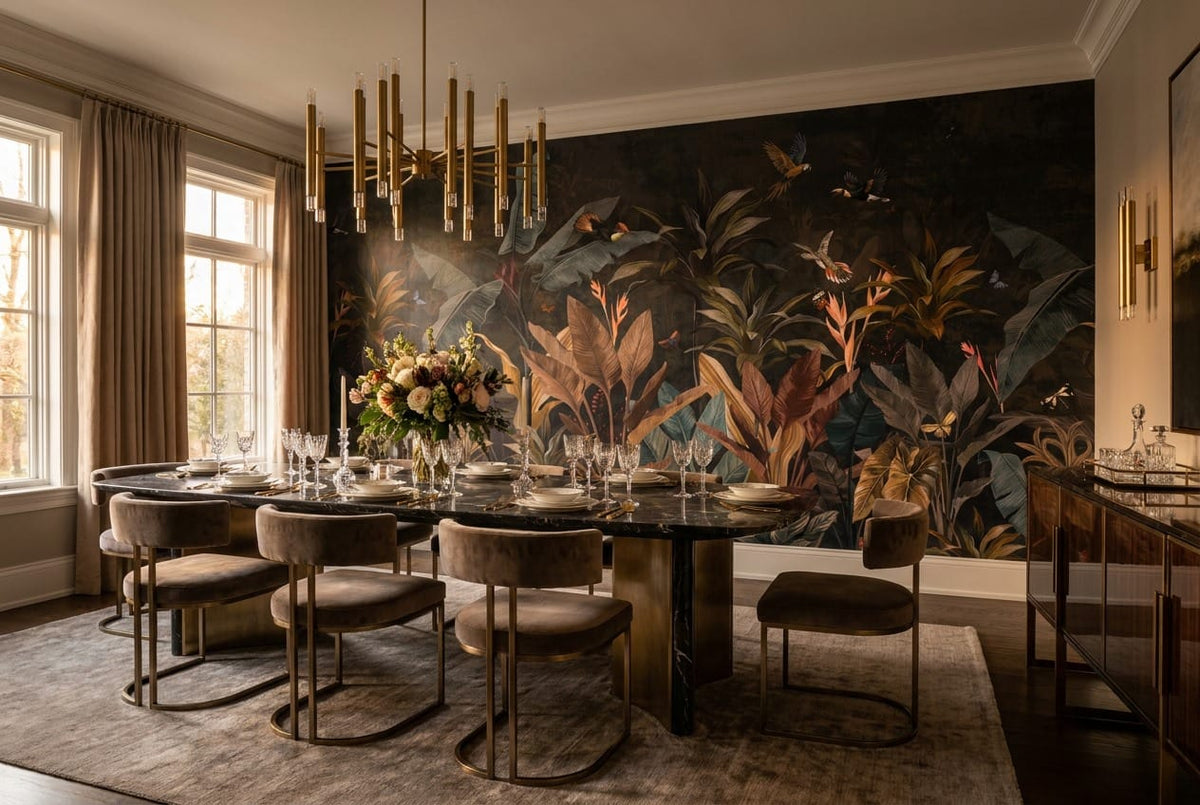 Navy Tropical Bird Dark Jungle Wallpaper Mural in navy