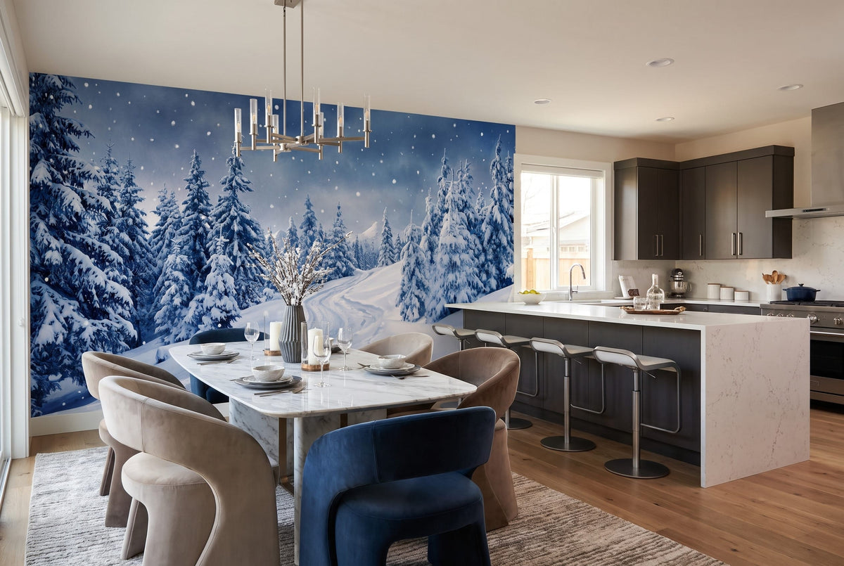 Frost Navy Serene Nordic Winter Forest Wallpaper Mural in navy