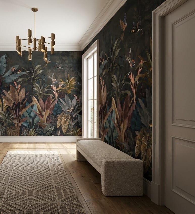 Navy Tropical Bird Dark Jungle Wallpaper Mural in navy