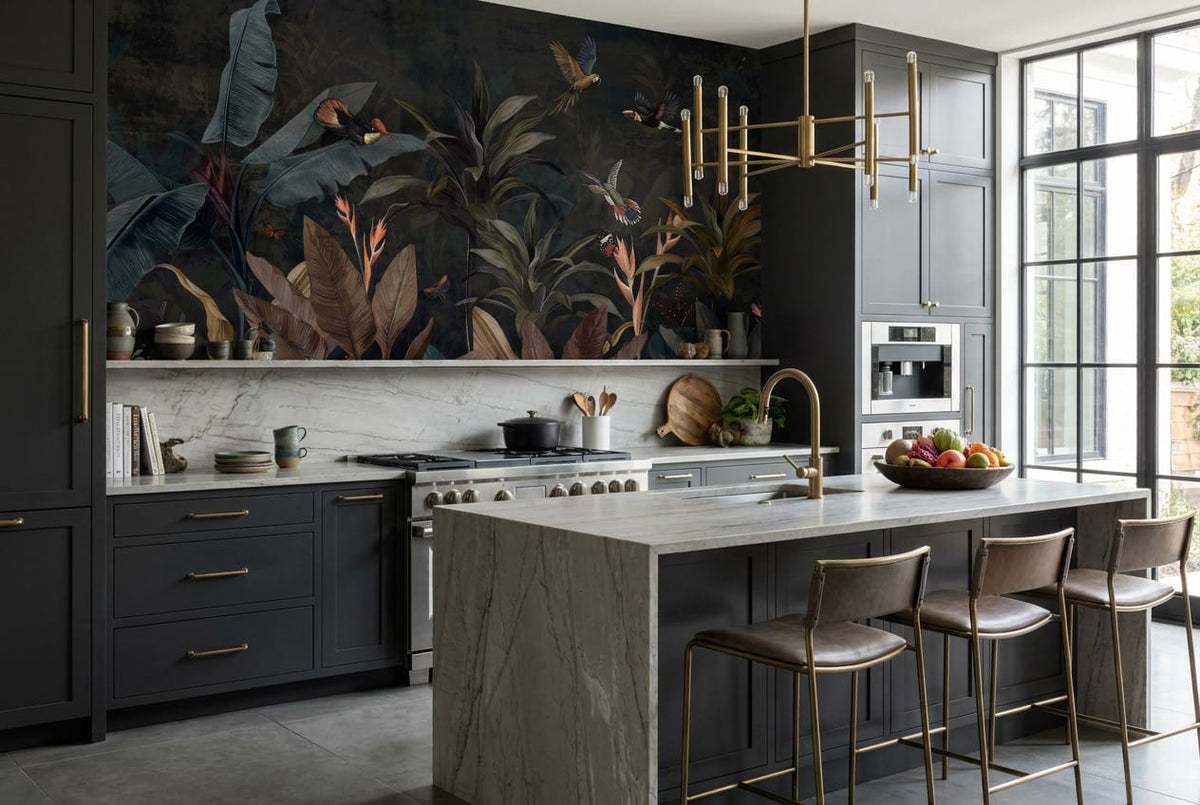 Navy Tropical Bird Dark Jungle Wallpaper Mural in navy