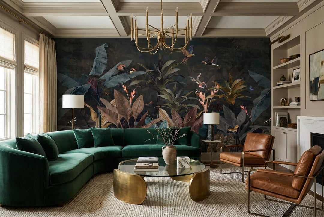 Navy Tropical Bird Dark Jungle Wallpaper Mural in navy