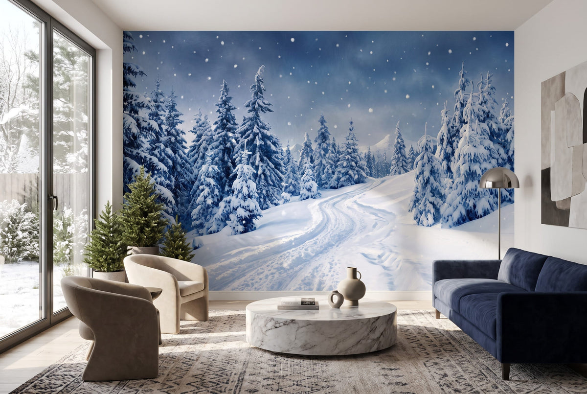 Frost Navy Serene Nordic Winter Forest Wallpaper Mural in navy