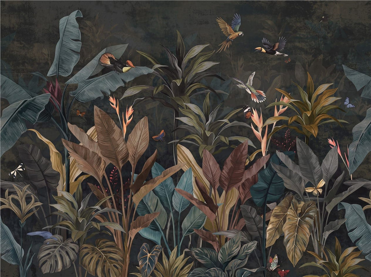 Navy Tropical Bird Dark Jungle Wallpaper Mural in navy