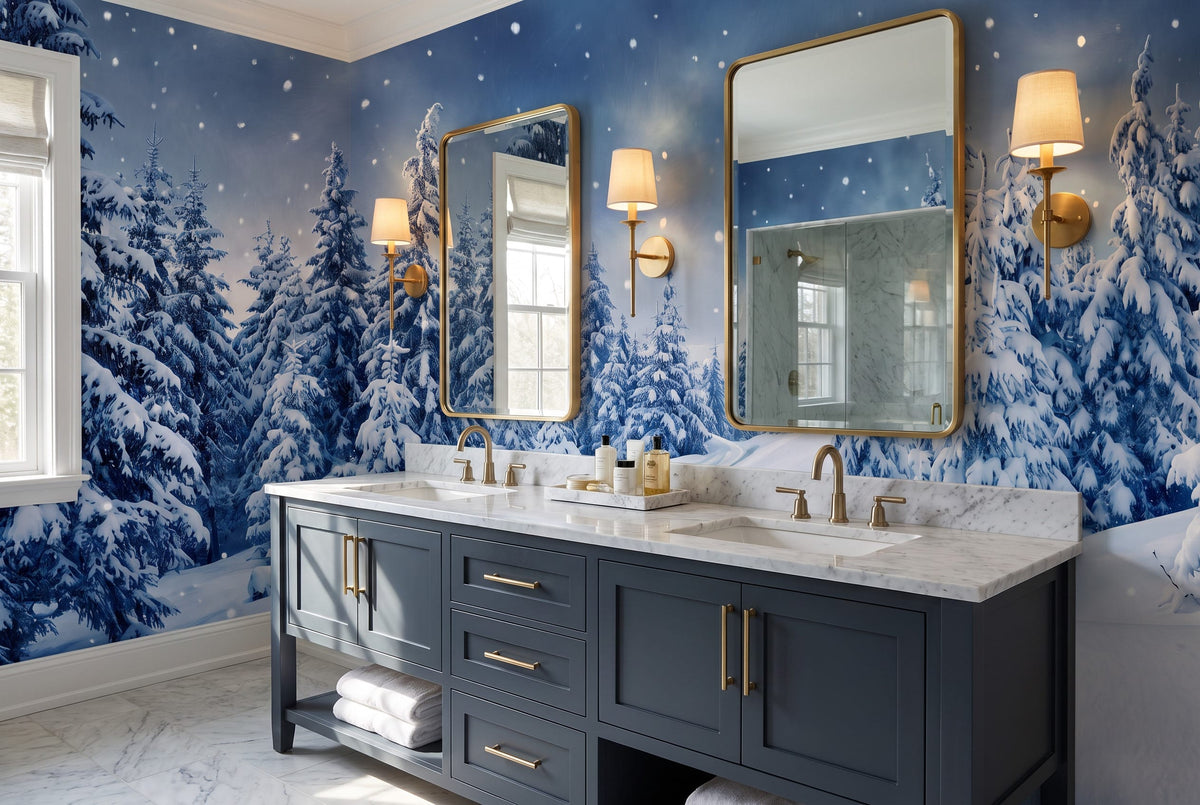Frost Navy Serene Nordic Winter Forest Wallpaper Mural in navy