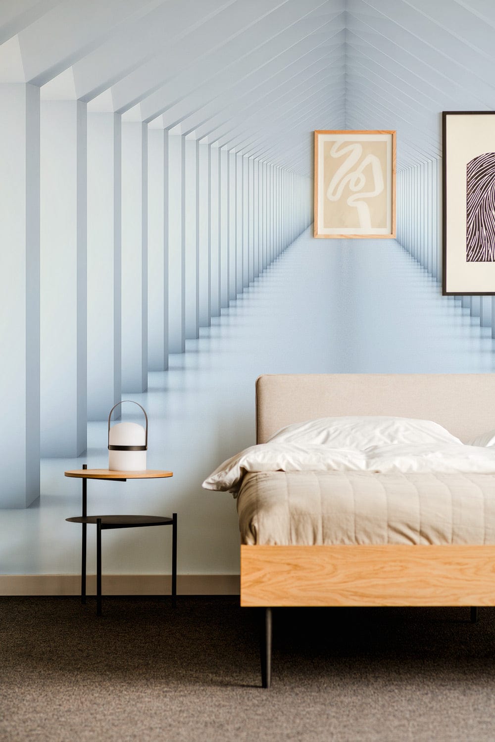 Modern Minimalist White Geometric Tunnel Wallpaper, light wooden bed, grey carpet, bedroom decor.