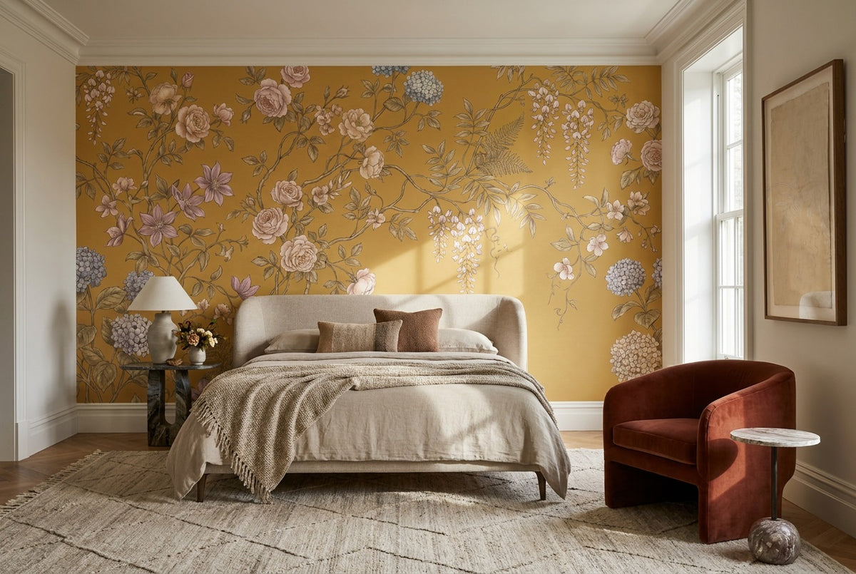 ochre floral bedroom custom peel and stick non woven vinyl removable wallpaper mural