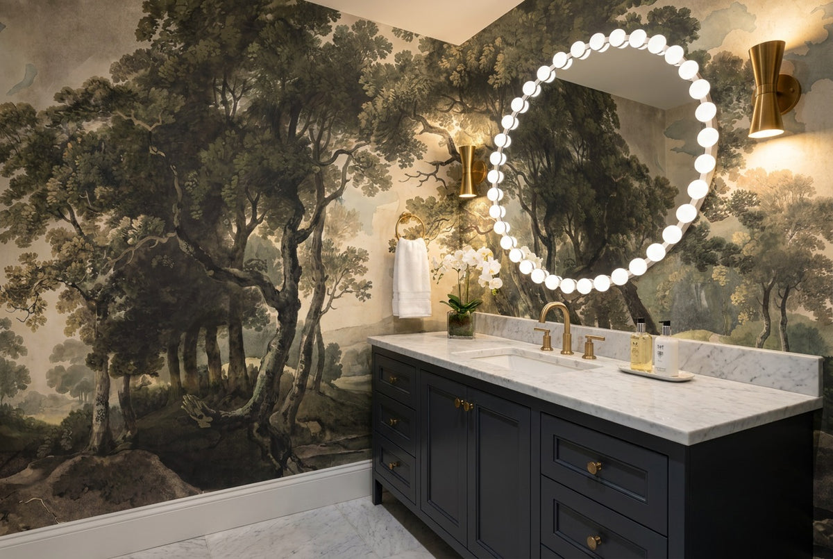 olive forest bathroom custom peel and stick non woven vinyl removable wallpaper mural