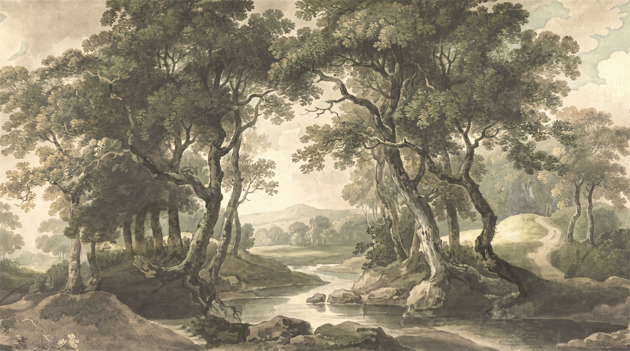 Olive Woodland Stream Wallpaper Mural