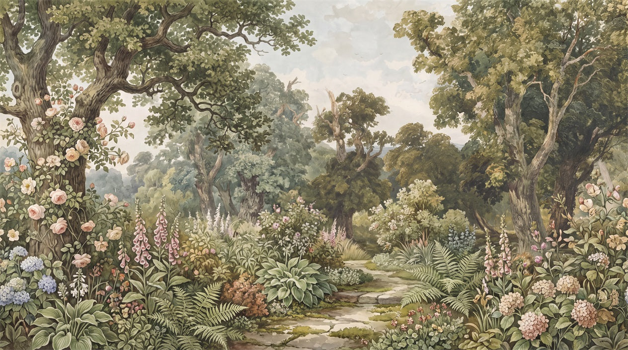 Woodland Garden Path and Roses Wallpaper Mural