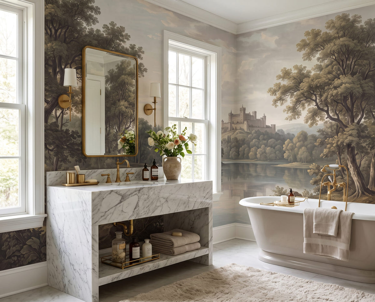 Vintage Castle Lake Landscape Wallpaper Mural