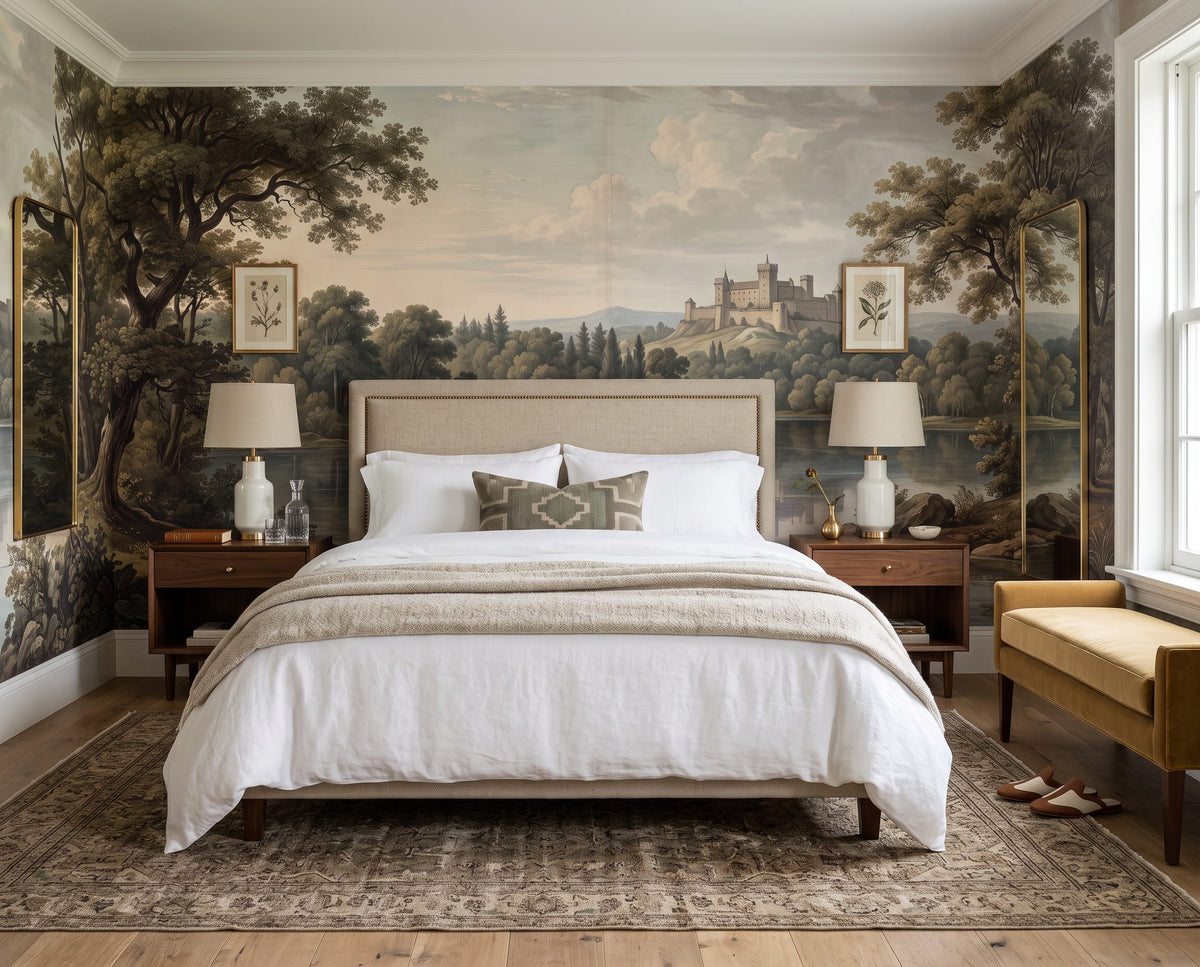 Vintage Castle Lake Landscape Wallpaper Mural