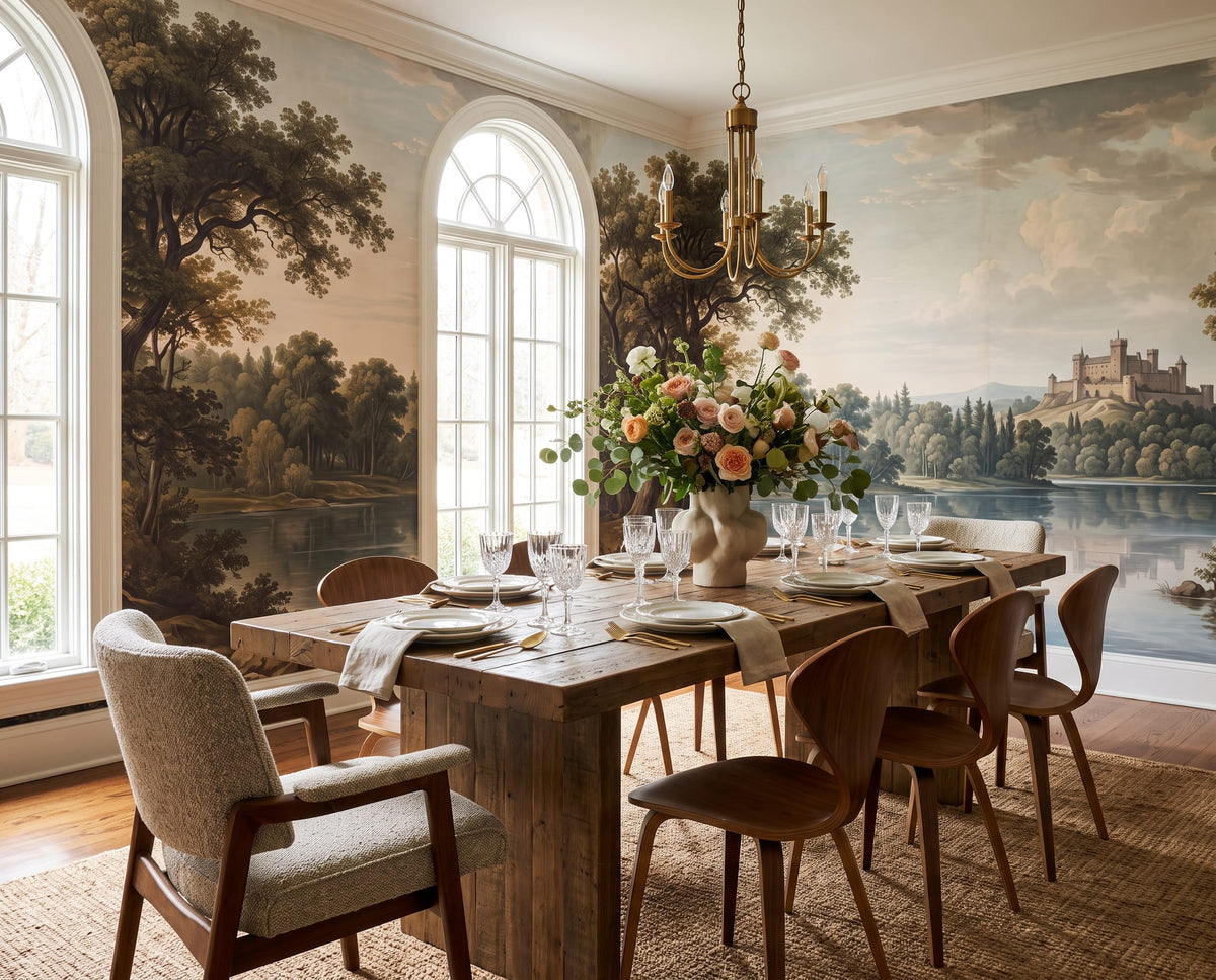 Vintage Castle Lake Landscape Wallpaper Mural