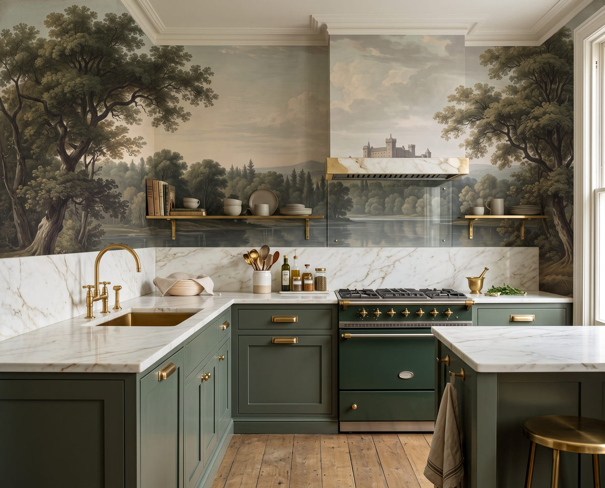 Vintage Castle Lake Landscape Wallpaper Mural