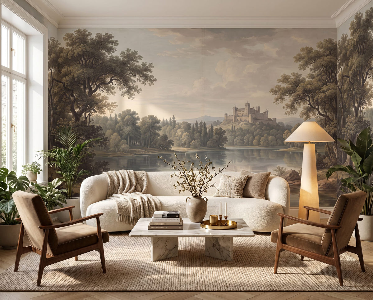 Vintage Castle Lake Landscape Wallpaper Mural