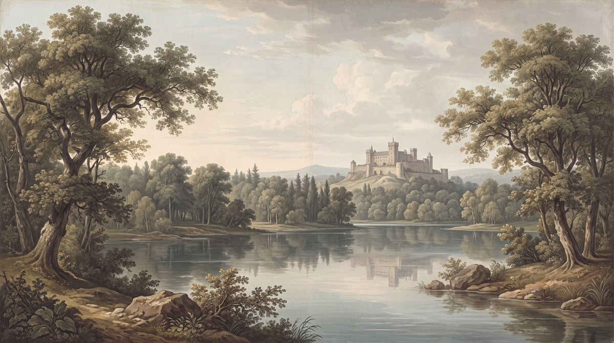 Vintage Castle Lake Landscape Wallpaper Mural