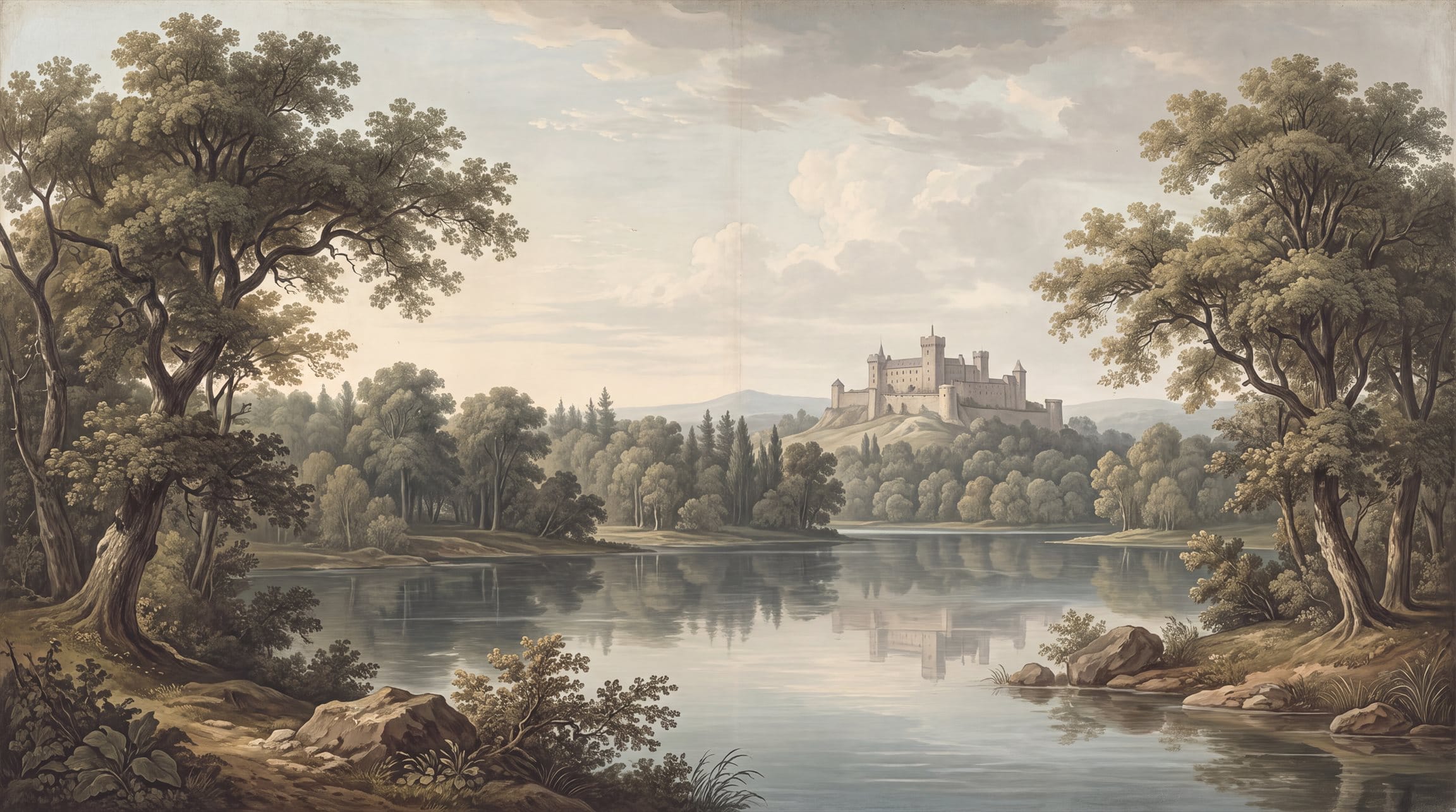 Vintage Castle Lake Landscape Wallpaper Mural