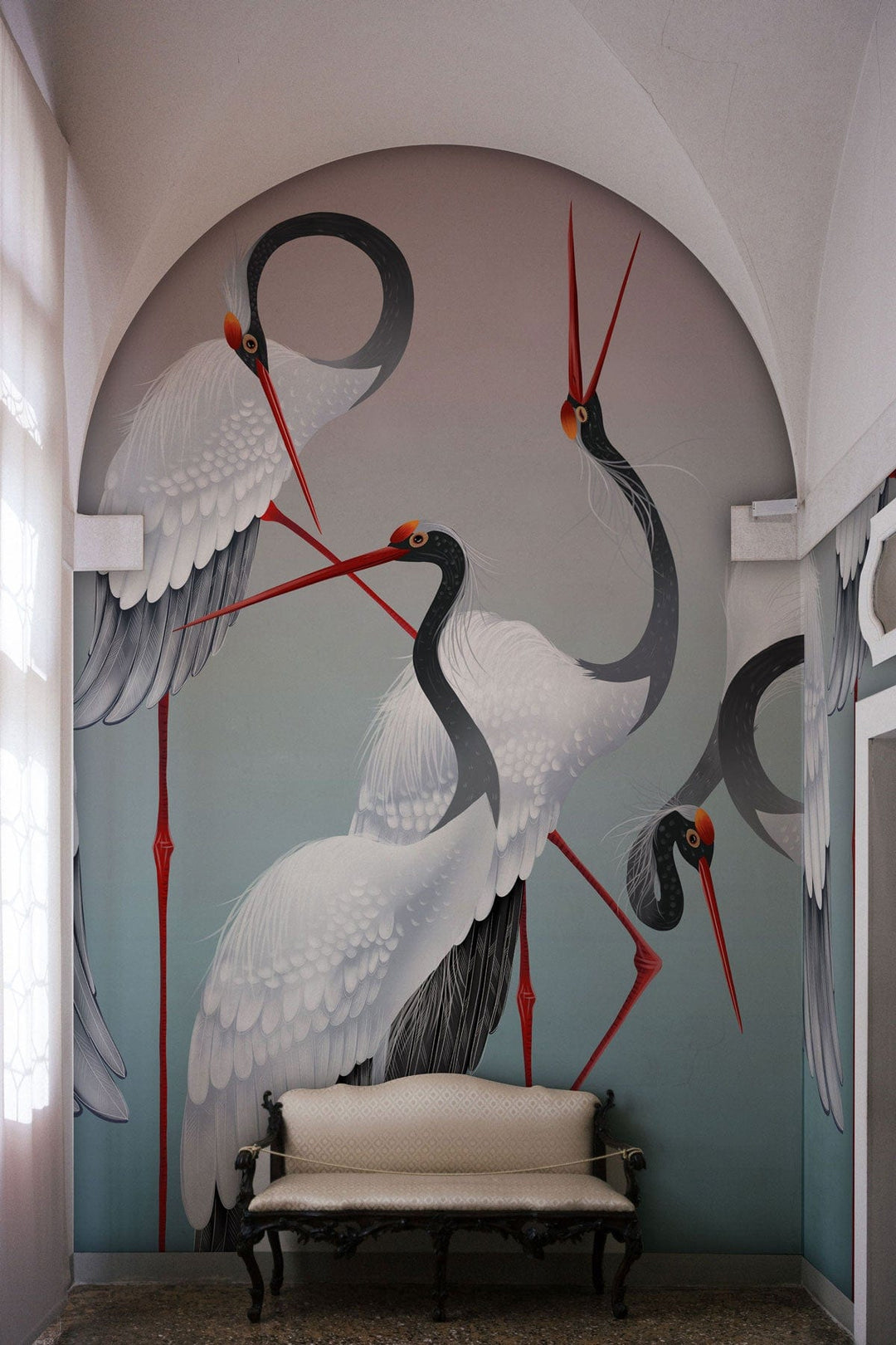 Elegant Crane Mural Wallpaper: Sophisticated Grey, White, and Red Design
