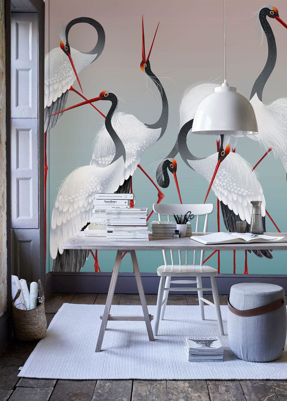 Elegant Crane Mural Wallpaper; wooden flooring; modern desk; white chair; stylish pendant light.