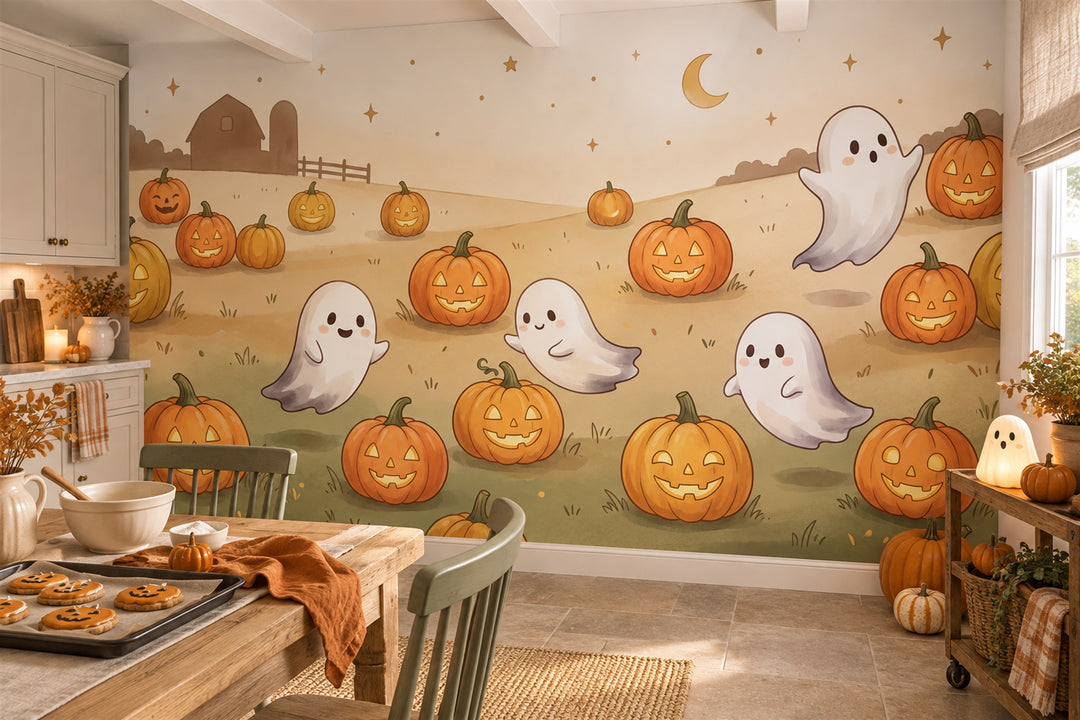 orange ghosts wallpaper mural dining custom removable non woven vinyl peel and stick
