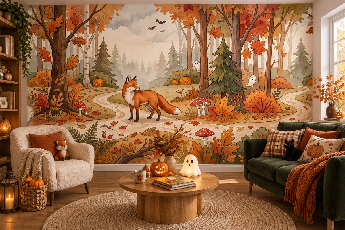 orange woodland playroom custom stick on removable non woven vinyl wallpaper mural