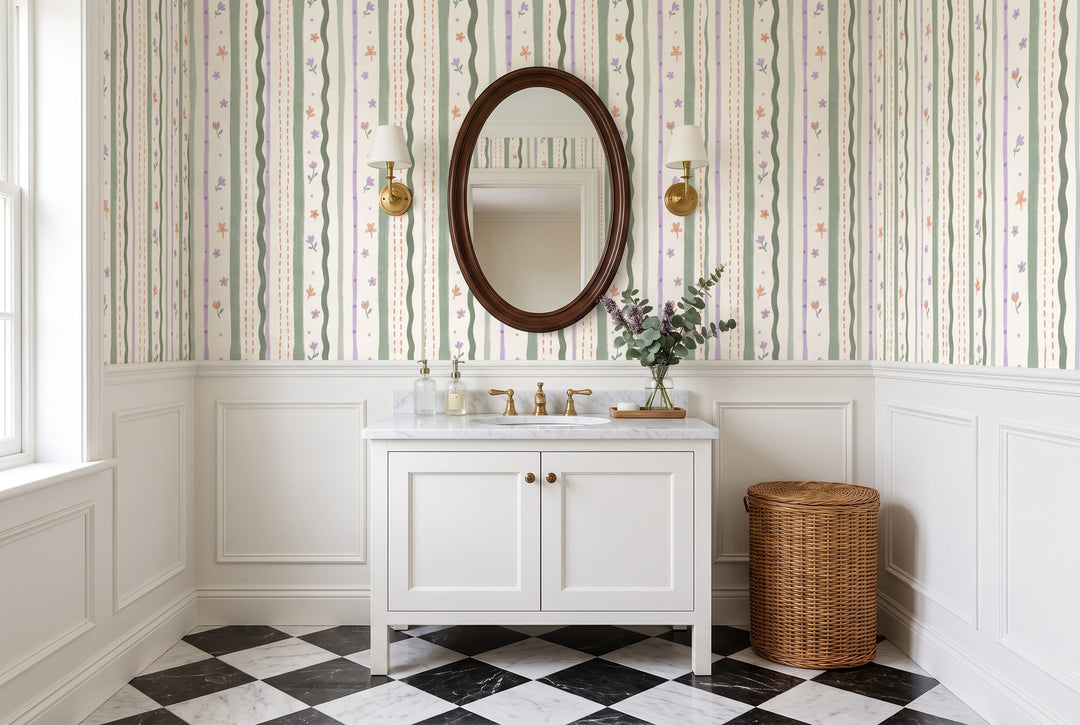 Pastel Wildflower Striped Wallpaper Mural