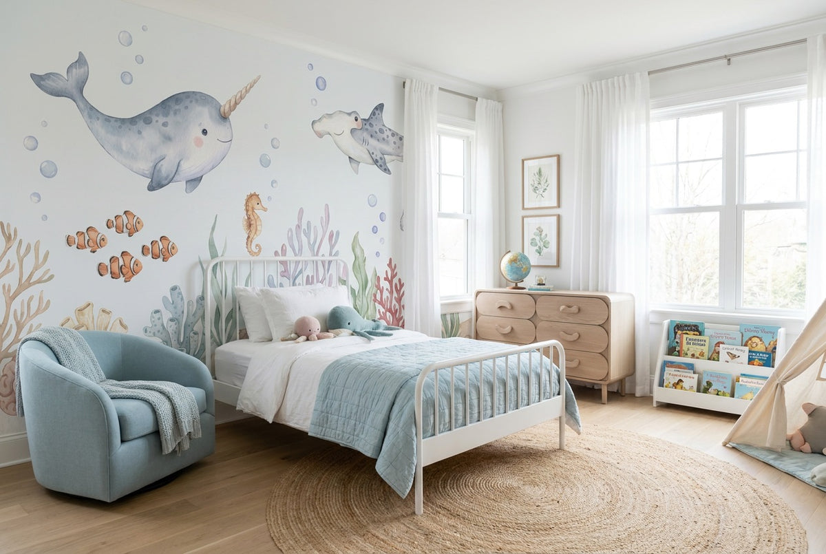 peel and stick custom blue narwhal reef kids wallpaper mural removable non woven vinyl
